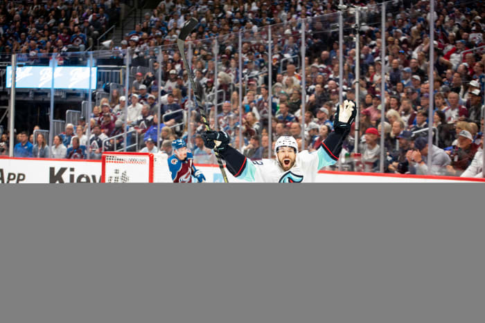 Oliver Bjorkstrand celebrates his goal against the Avs in the first round of the NHL playoffs.